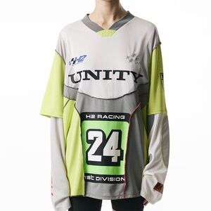 Heron Preston Men’s Racing Jersey in Light Gray & Neon Green